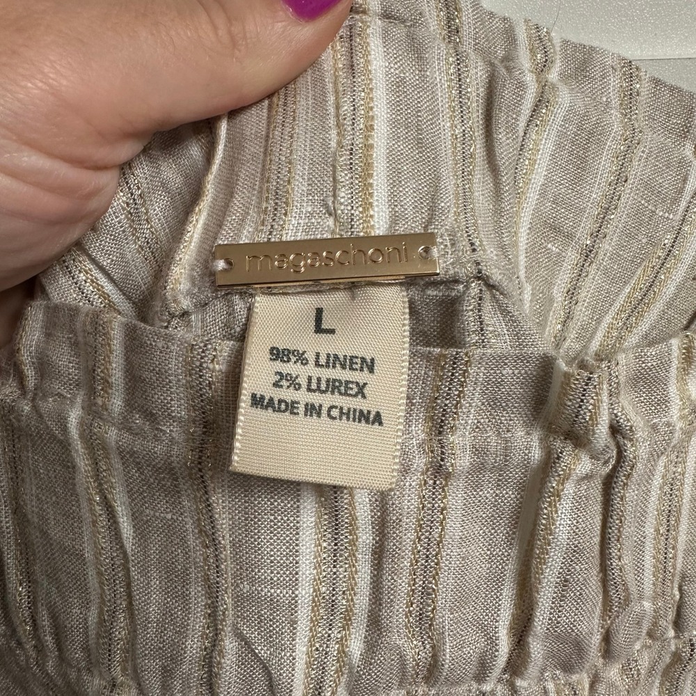 Magaschoni Linen Pants Womens L Pull On Striped Metallic Wide Leg Paperbag Waist - Picture 3 of 15
